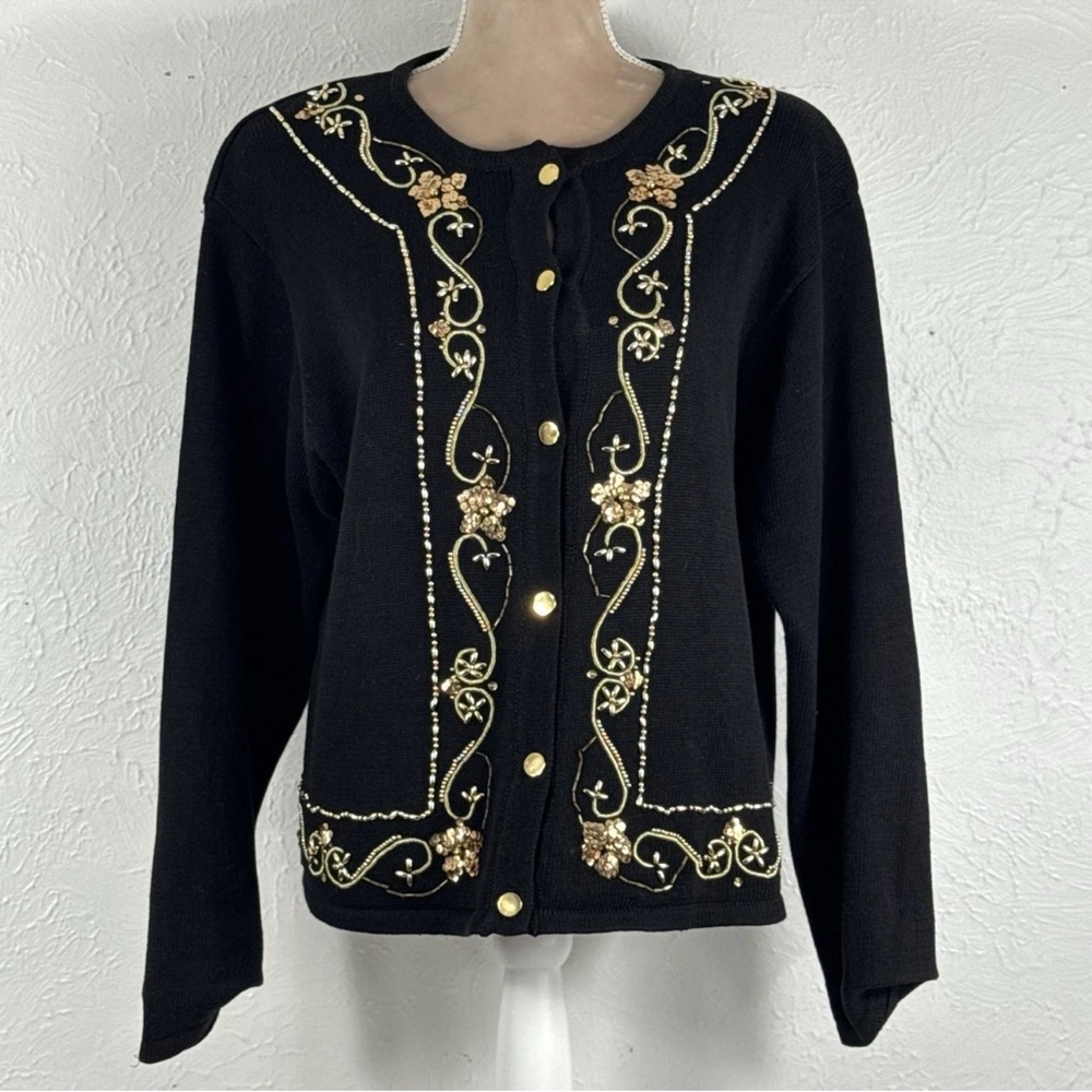 Jan Leslie Black Cardigan with Gold Embroidery